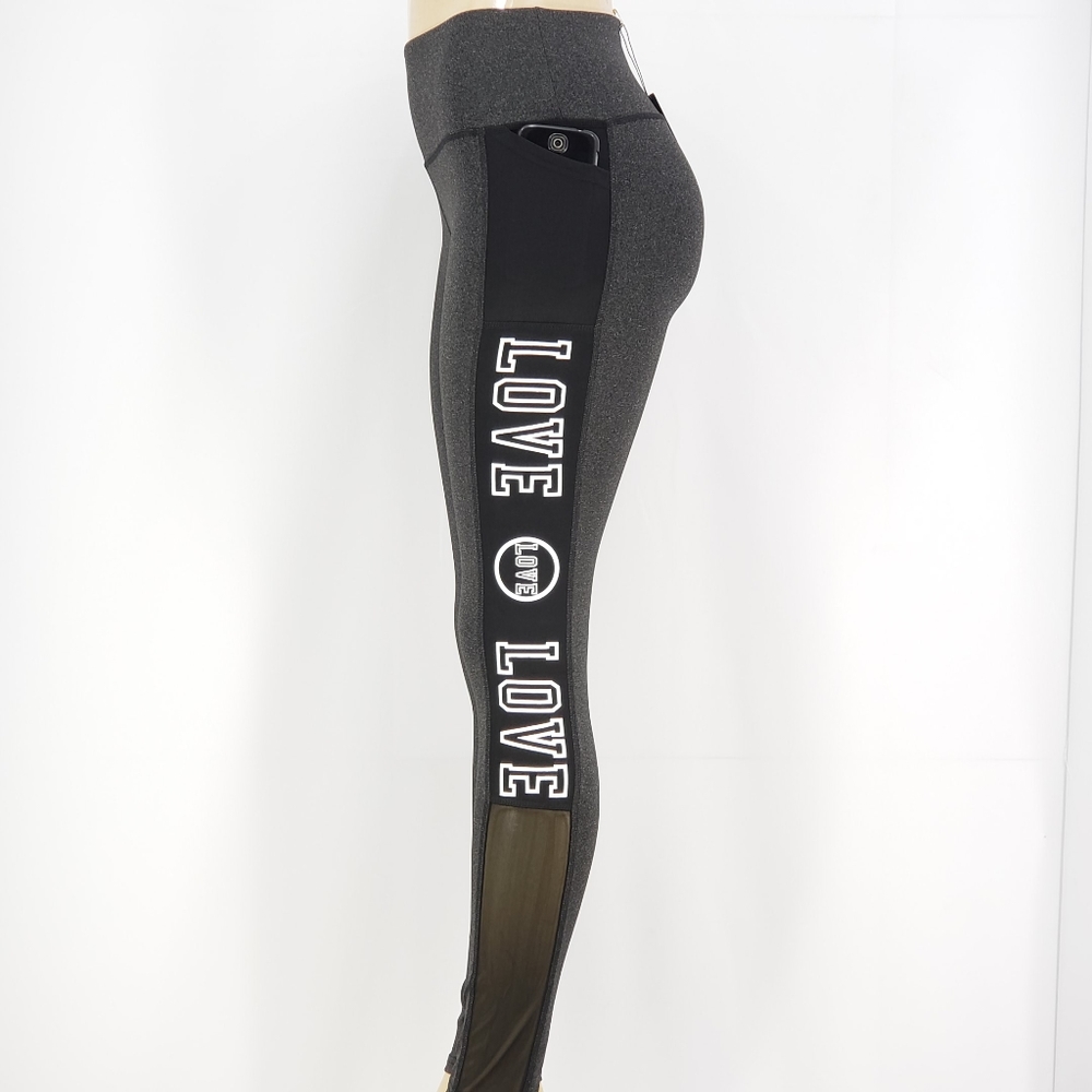 NEW Dark Heather Gray & Black Yoga Active Workout Leggings "LOVE" Print